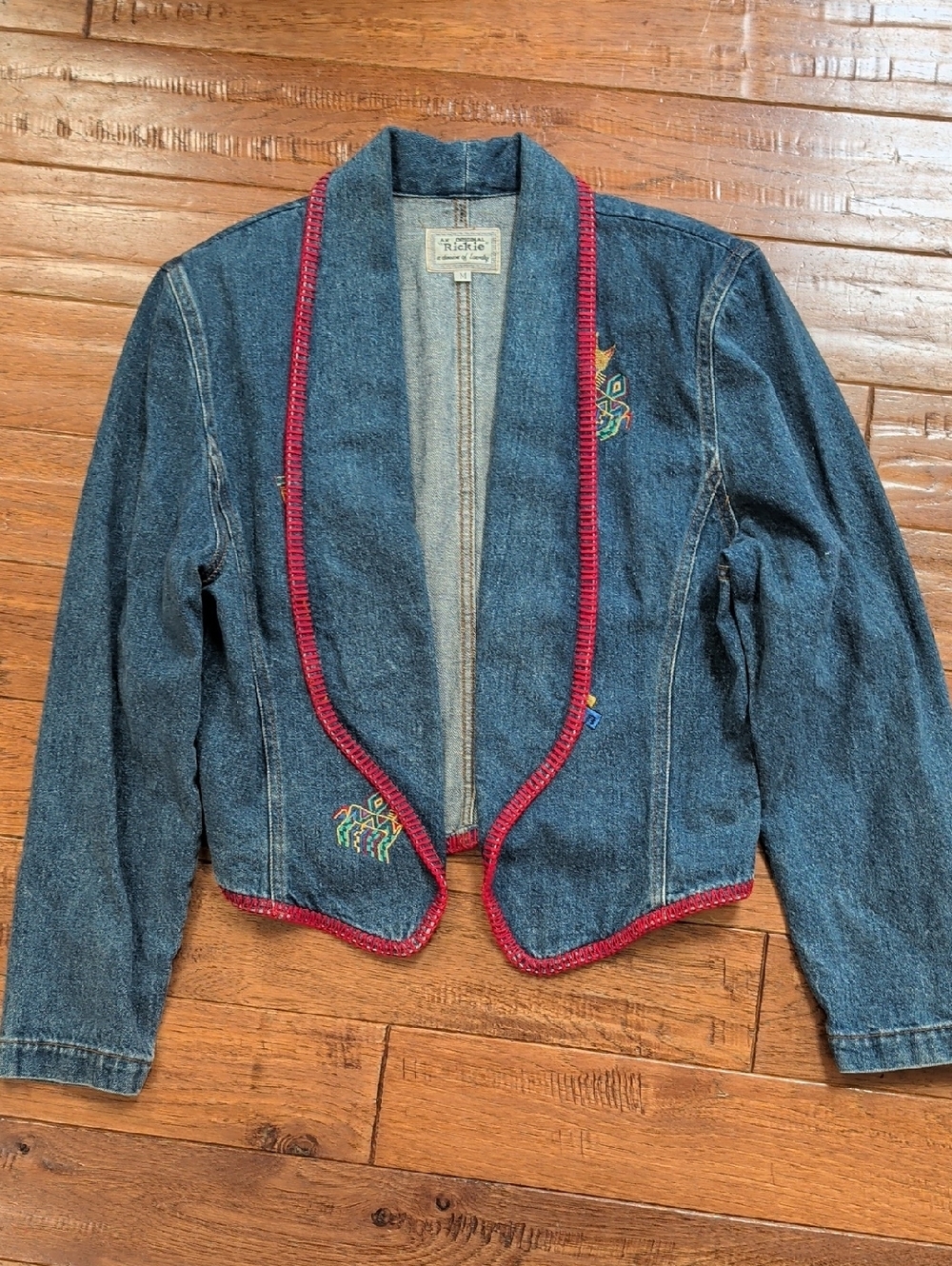An Original Rickie Vintage Aztec Western Equestrian Denim Jacket with Red Trim